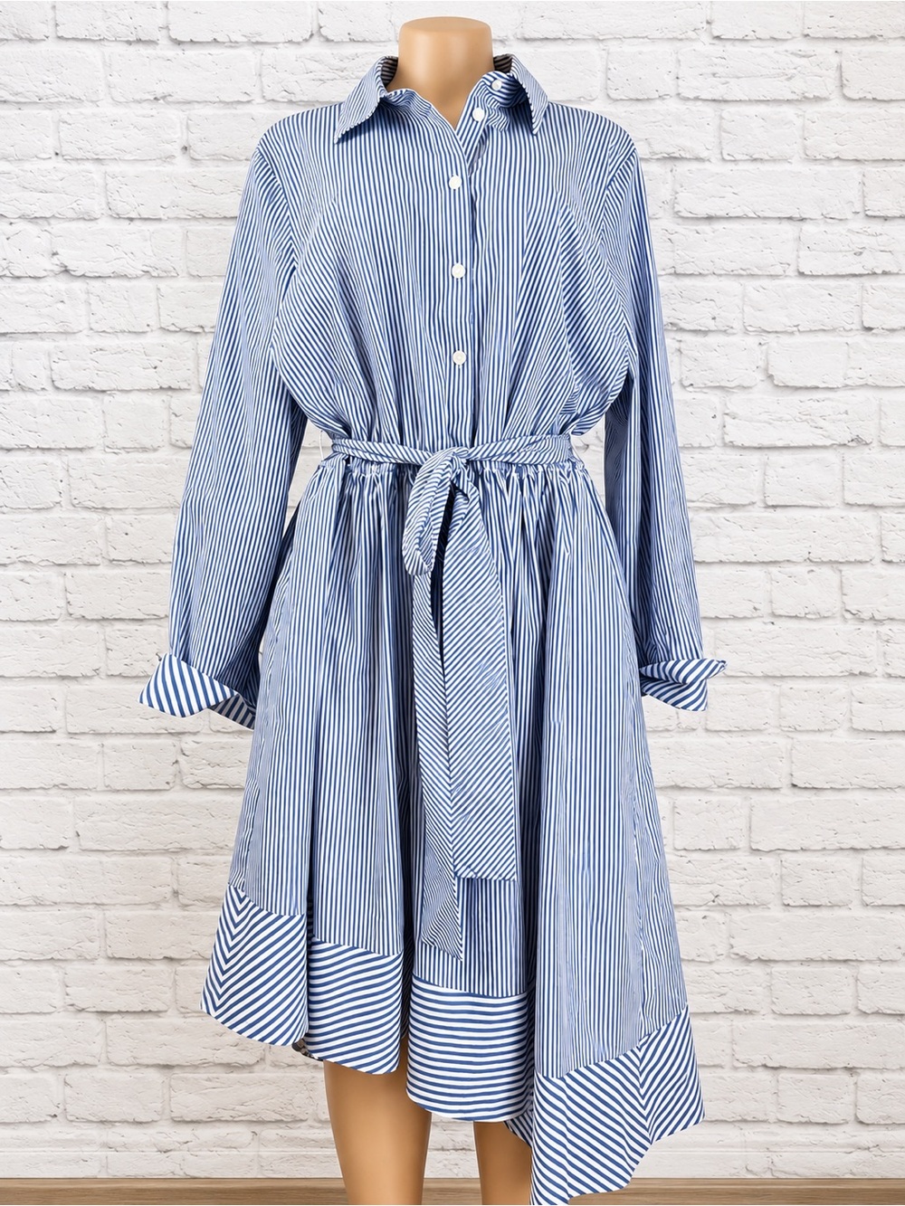 Lane Bryant Blue White Stripe Belted High Low Shirt Dress Size 16